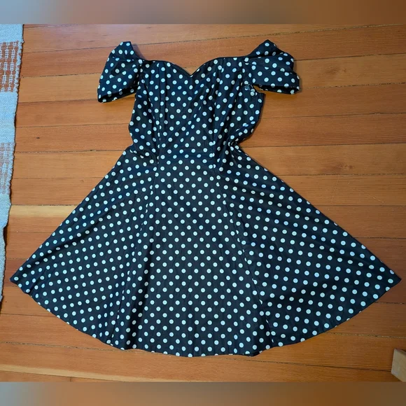 Vintage LAURA ASHLEY Dress 12 Corset Black White Polka Dot Rockabilly Pinup 80s - Picture 6 of 7